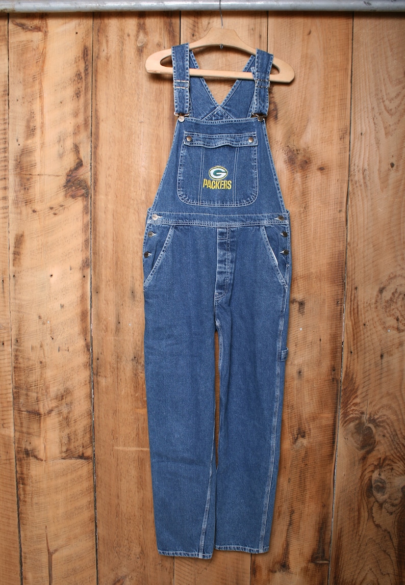 32x30 Sz SM | Vintage 90/'s GAMEDAY by Moretz Blue Denim Green Bay Packers Button Fly Overalls