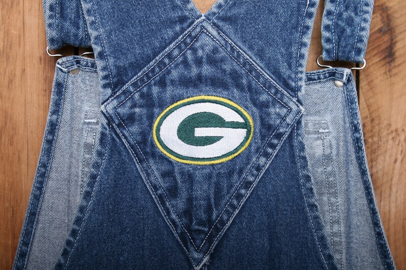 32x30 Sz SM | Vintage 90/'s GAMEDAY by Moretz Blue Denim Green Bay Packers Button Fly Overalls