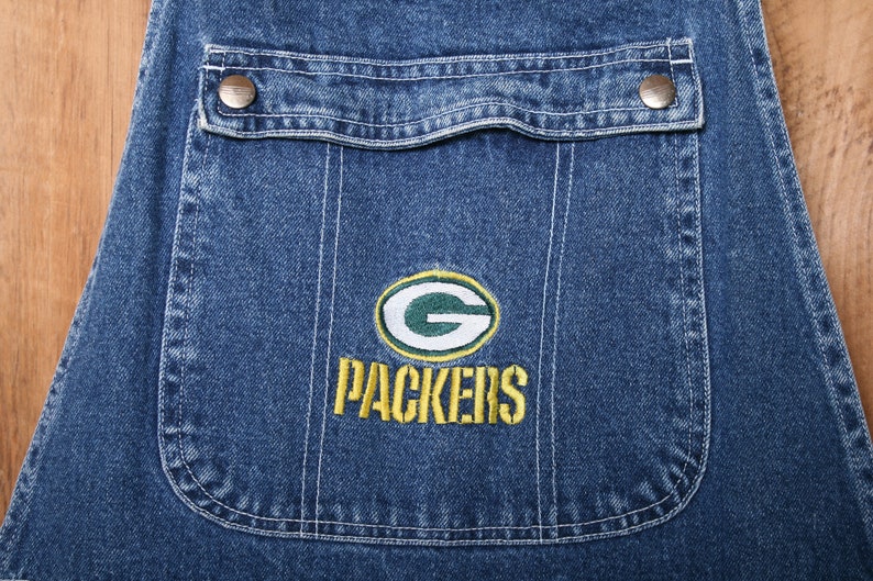 32x30 Sz SM | Vintage 90/'s GAMEDAY by Moretz Blue Denim Green Bay Packers Button Fly Overalls