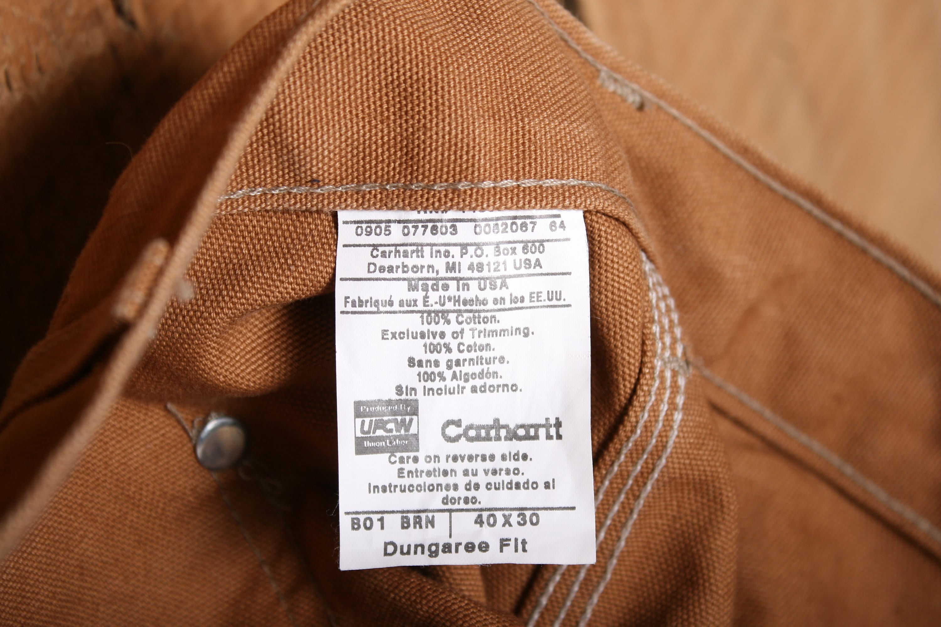 Sz. 40x30 Vintage CARHARTT Model B01 BRN Brown Duck Canvas Double Knee  Dungaree Fit Work Pants Union Made in USA 