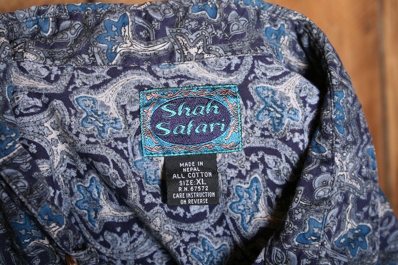 Sz Vintage SHAH SAFARI Blue Paisley 100/% Cotton Button Front Shirt Made in Nepal L
