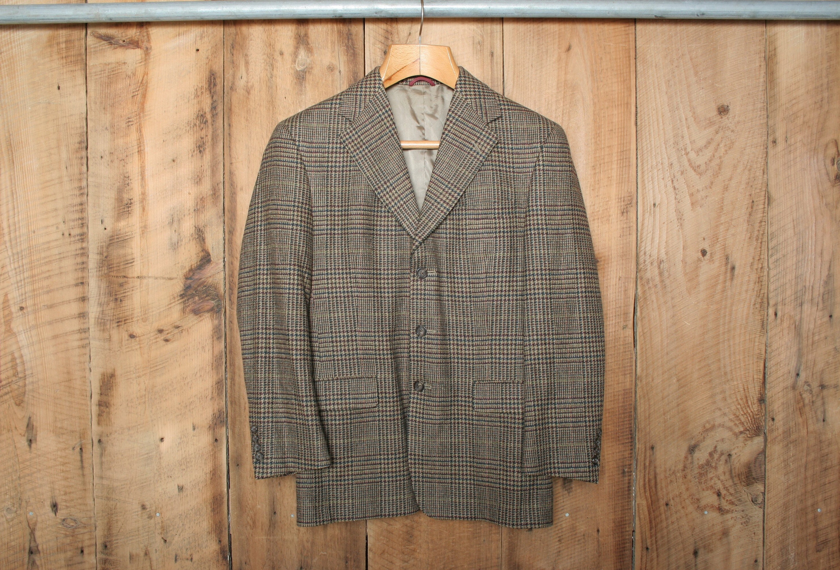 Sz. 38R | Vintage HART SCHAFFNER & MARX Burgundy/Blue/Green Tweed 100% Wool Tweed 3-Button Unvented Blazer Sport Coat
