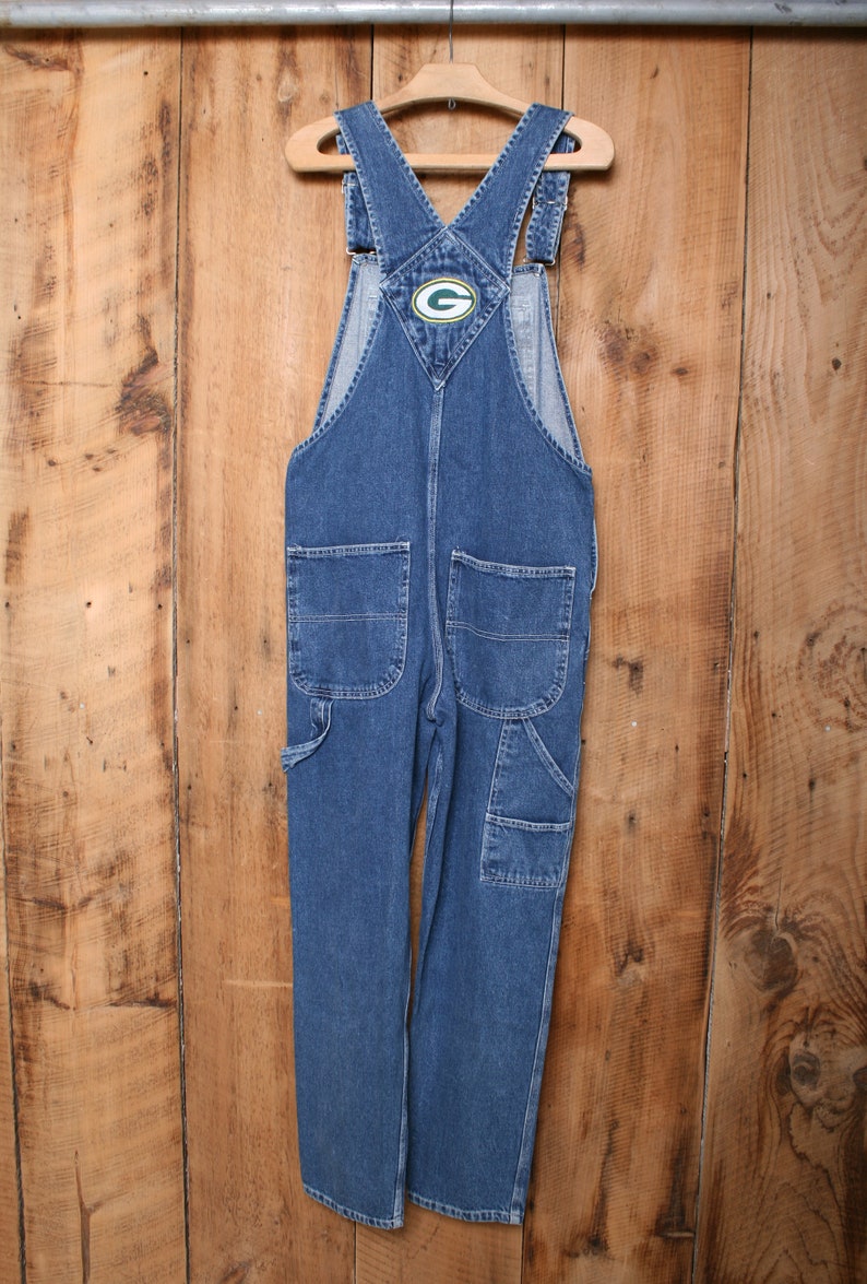 32x30 Sz SM | Vintage 90/'s GAMEDAY by Moretz Blue Denim Green Bay Packers Button Fly Overalls