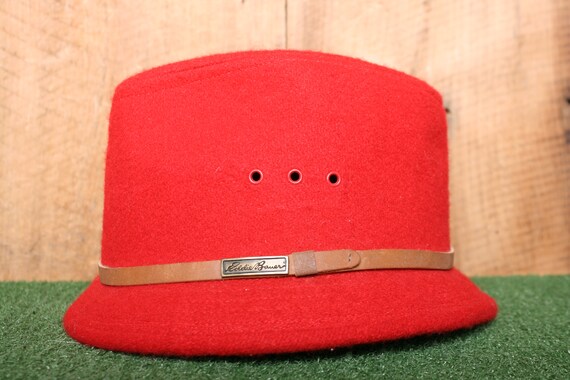 EDDIE BAUER WOOL FELT FEDORA HAT RED WIDE BRIM LEATHER BAND Unsex Med Sz. L (fits 7 1/4) | Vintage EDDIE BAUER Red Wool Blend  main image 2