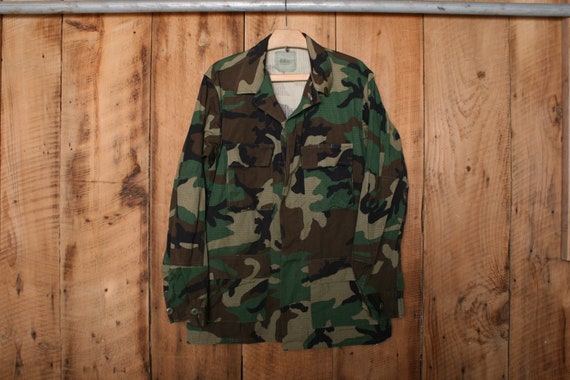 Sz. Medium Long (Fits M/L) | Vintage 90's AMERICAN APPAREL Hot Weather Woodland Camouflage Army Coat Shirt Jac