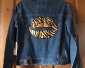 Re-Purposed Embellished New Forever 21 Distressed Jean Denim Jacket - Animal Print Lips