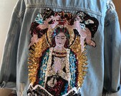 Re-Purposed Embellished Sustainable Hand Sewn DIY Distressed Jean Denim Jacket - Sequin Madonna, Mother Mary, Angels, Cherubs