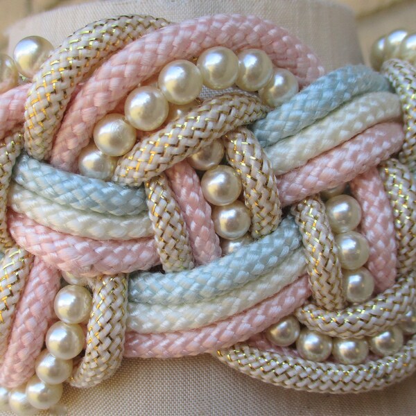 Vintage 1980s Braided Belt Pastels Pearls Waist or Hip Defining Fashion Pink Blue Cream Gold for Pants, Skirts, Dresses Romantic Spring Look