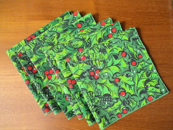 Mid Century Dinner Napkins Leacock Christmas Design Holly Leaves Berries Pine Branches Vibrant Colorful Festive 1960s Set Of Six