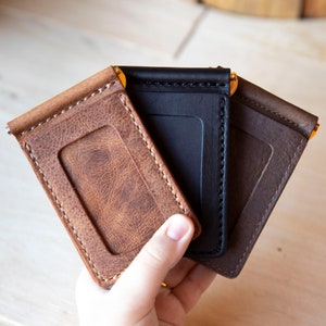 Billetera con clip de barra, billetera con clip para billetes, billetera minimalista, billetera de cuero de grano completo, billetera con bolsillo frontal, porta efectivo con abrazadera de resorte