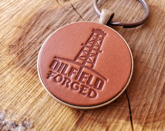 Oil Field Forged, Hand Pressed Leather Pendant Keychain, leather key chain, round keychain, circle keychain, antique cooper keychain, keyfob