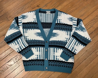 Vintage 80s/90s Grandpa Cardigan Sweater  Medium  Abstract Southwest blue,white,black pattern  Poplar Classic preppy college Spring casual