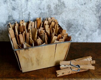 Vintage Clothespins in a Berry Basket -Wooden Clothespins - Spring Clothes Pins - Split Wood Basket - Laundry - Store and Organize