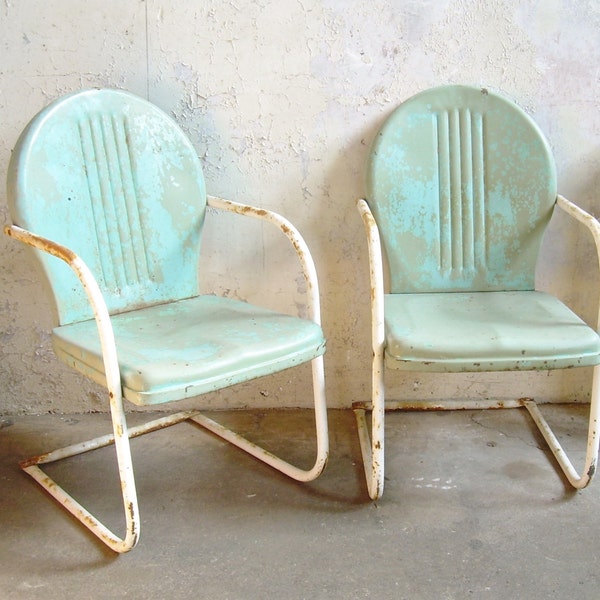 Retro Metal Lawn Chairs Pair Rustic Vintage Porch Furniture