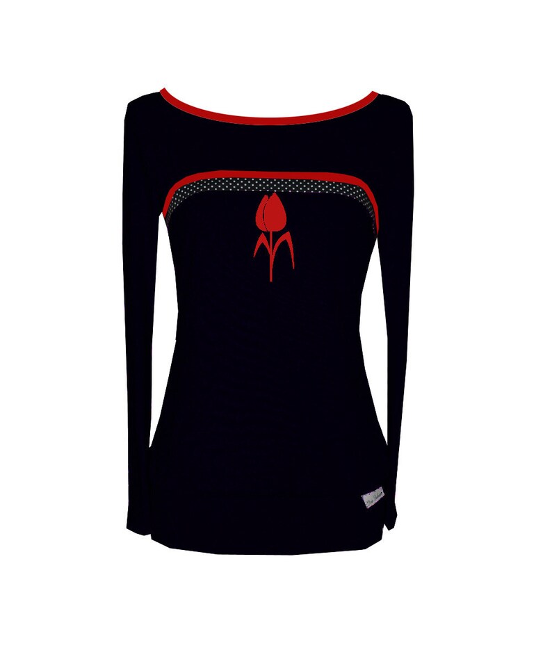 Iza Fabian-Long sleeve-color 2-flower long sleeve black red black dots red flower women women