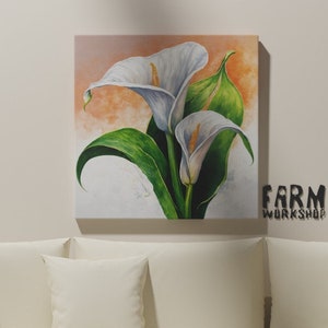 Two white flowers with green leaves on a red background,big lilies,lily flower,Digital Art,Digital image