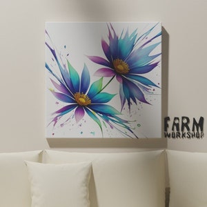 Zwei blaue Blumen mit grünen Blättern auf weißem Hintergrund. Digitale Kunst, magische bunte Blumen, mit farbigen Blumen, magische Blumen