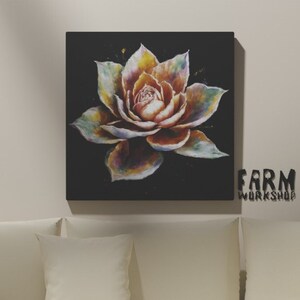 Painting of a rose on a black background, glowing delicate flower, rossdraws pastel vibrant, bright bloom, lotus flower