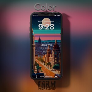 May include: A smartphone screen displaying a city skyline at night with a large moon in the sky. The time is 9:28 and the date is Friday, 18 November. The phone is locked and the screen says "Sleep Well" with the "Do Not Disturb" and "No Alarm" icons enabled. The phone is labeled "Farm Workshop" at the bottom.