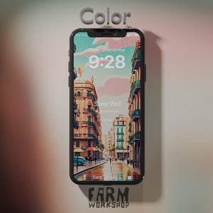 May include: A smartphone displaying a city street scene with a pink and blue sky. The time is 9:28 and the date is Friday, 18 November. The phone screen says "Sleep Well" and "Do Not Disturb". The bottom of the screen says "Farm Workshop".