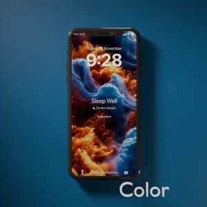 May include: A smartphone displaying a digital clock showing the time 9:28, the date Friday, 18 November, and the text "Sleep Well" with icons for "Do Not Disturb" and "No Alarm". The background is a colourful abstract image of swirling clouds.