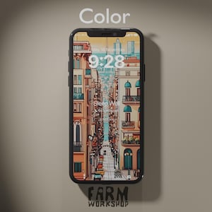 May include: A smartphone displaying a city street scene with colorful buildings and a clock displaying the time 9:28. The text "Sleep Well" is visible on the screen. The phone is on a light brown surface with the text "FARM WORKSHOP" below it.