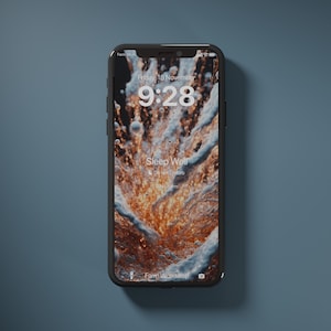 May include: A black smartphone with a bright orange and white abstract background. The screen displays the time 9:28, the date Friday, 18 November, and the text "Sleep Well" with a Do Not Disturb icon. The phone also shows the text "Farm Workshop" at the bottom.