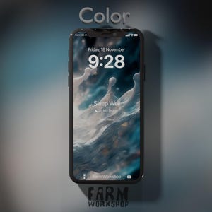 May include: A black smartphone with a blue and white abstract background. The screen displays the time 9:28, the date Friday, 18 November, and the text "Sleep Well". The phone also shows "Do Not Disturb" and "No Alarm" icons. The phone is labeled "Farm Workshop" at the bottom.