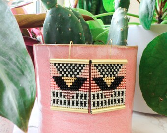 Beaded geometric earrings, seed bead eaarings, native earrings, woven earrings, large earrings, geometric earrings, pink gold earrings,