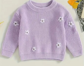 Geborduurde Daisy peuter trui | Neutrale geborduurde trui met lange mouwen en madeliefjes | Winterkleding voor meisjes | meisjeskleding