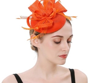 Fascinator sinamay arc orange rond, bandeau, mariages Ascot Hatinator Races