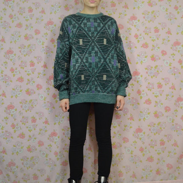 90s Soft Grunge Oversize Sweater Geometric Diamond Slouchy Jumper Vintage Woman's Size Large XL