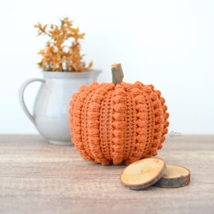 May include: An orange crochet pumpkin with a textured surface and a small wooden stem. The pumpkin is displayed on a wooden surface with two small wooden slices. A gray pitcher with orange foliage is in the background.