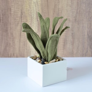 Puede incluir: Una planta suculenta de crochet verde en una maceta cuadrada blanca con pequeñas piedras. La planta tiene hojas largas y delgadas y es una réplica realista de una suculenta real.