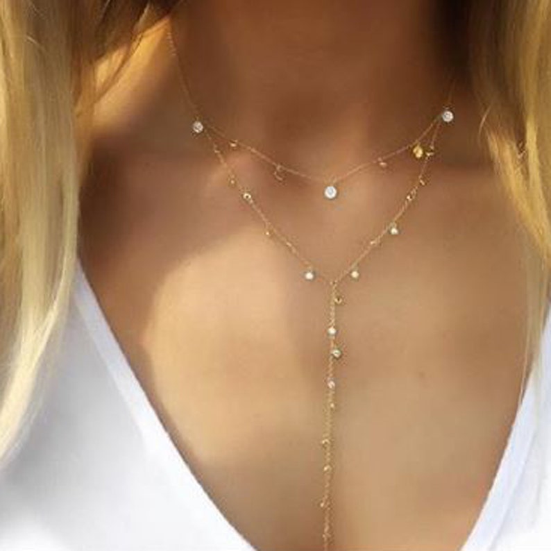 925 Yellow Gold Sterling Silver Shaker Lariat with CZ Stones Link Necklace 18 Adjustable