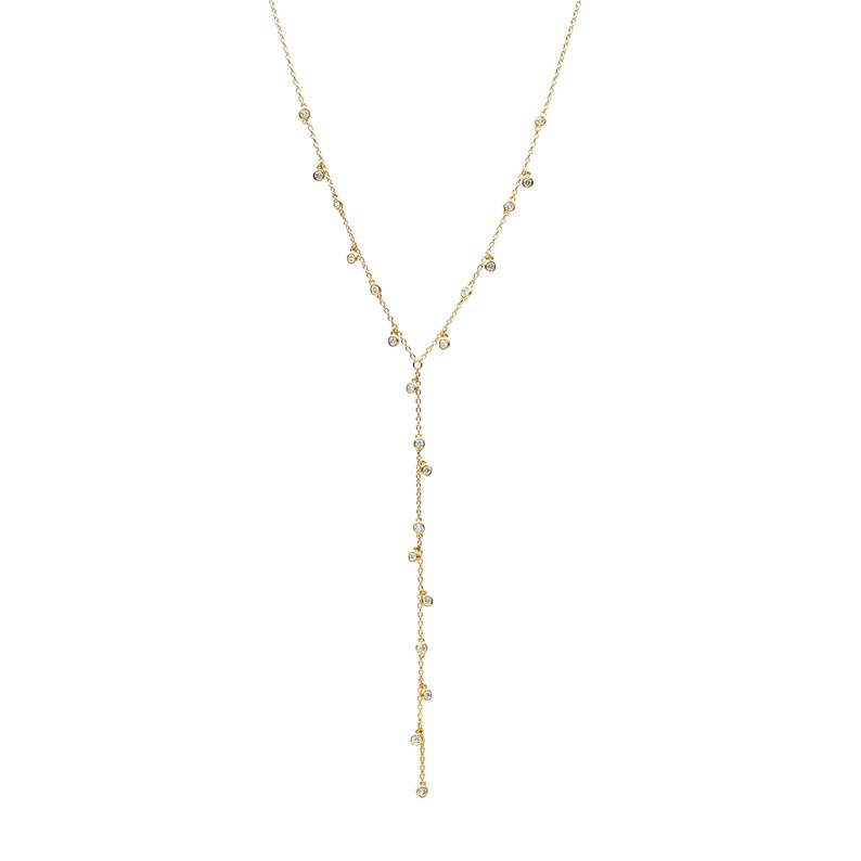 925 Yellow Gold Sterling Silver Shaker Lariat with CZ Stones Link Necklace 18 Adjustable
