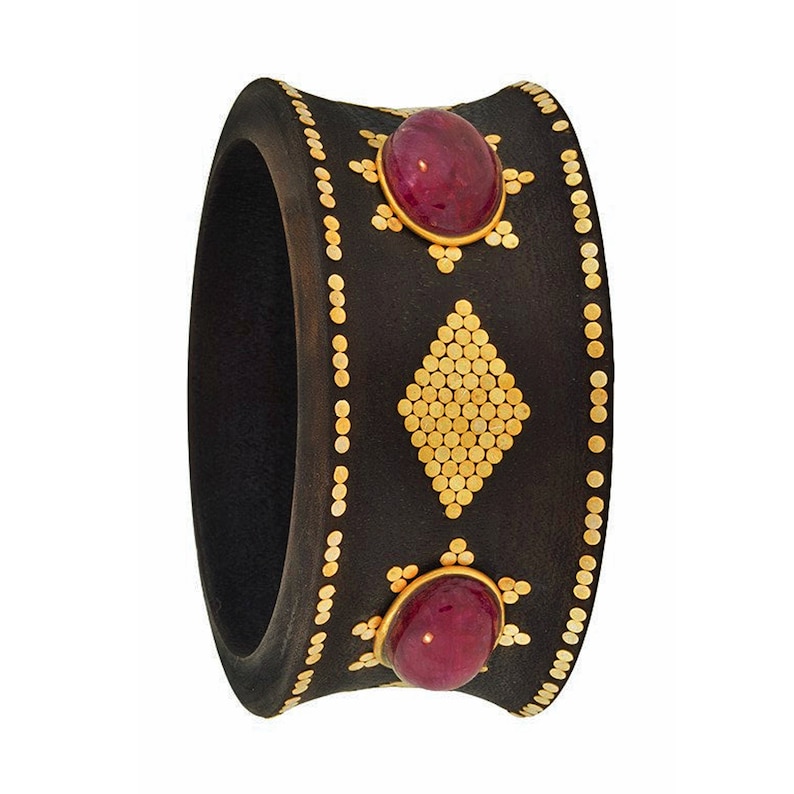 925 Gold Plated Sterling Silver Glitz Accent with Cabochon Red Ropada Stones Wood Tribal Bangle
