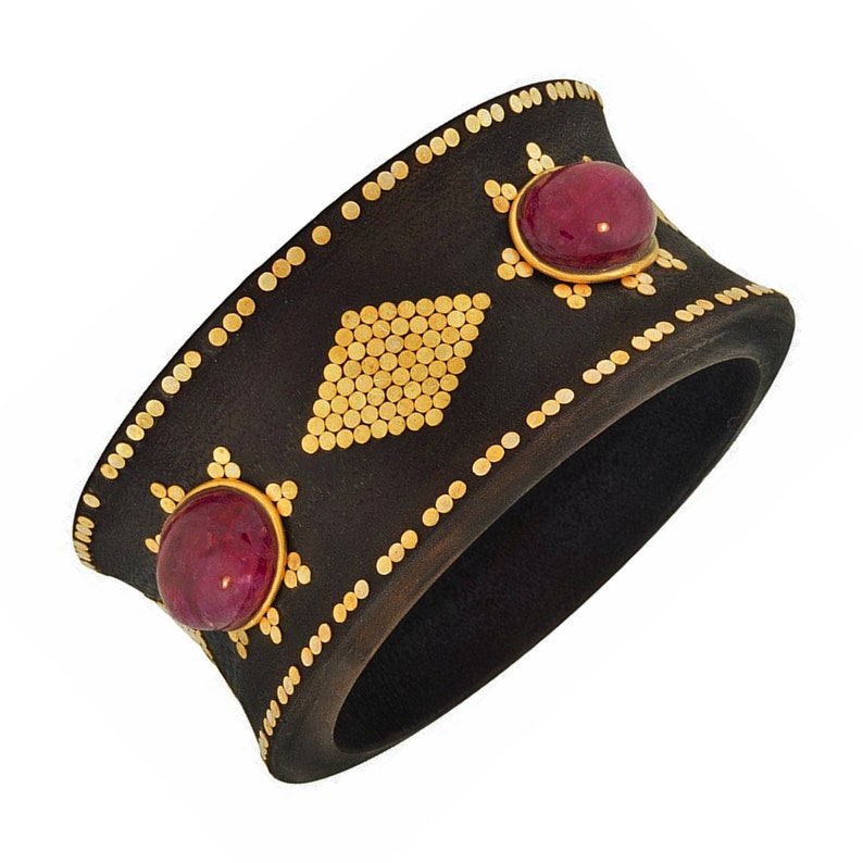 925 Gold Plated Sterling Silver Glitz Accent with Cabochon Red Ropada Stones Wood Tribal Bangle