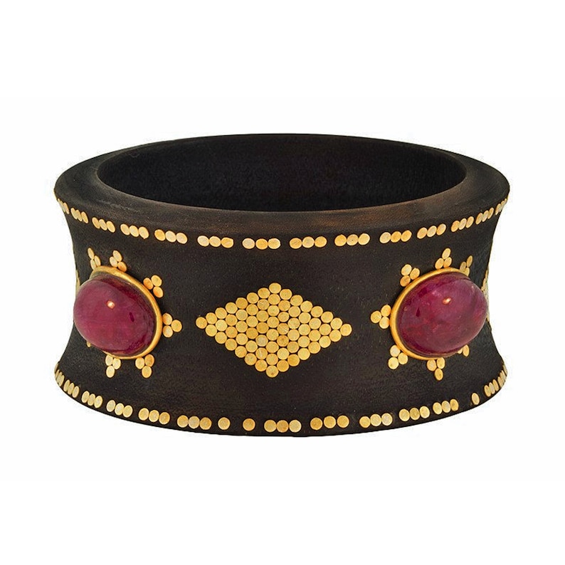 925 Gold Plated Sterling Silver Glitz Accent with Cabochon Red Ropada Stones Wood Tribal Bangle