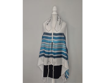 Satin chiffon Tallit in white with teal-blue stripes. Matching bag available