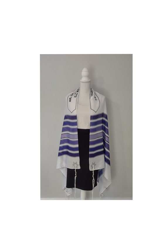 Satin chiffon Tallit in white with purple stripes. Matching bag available