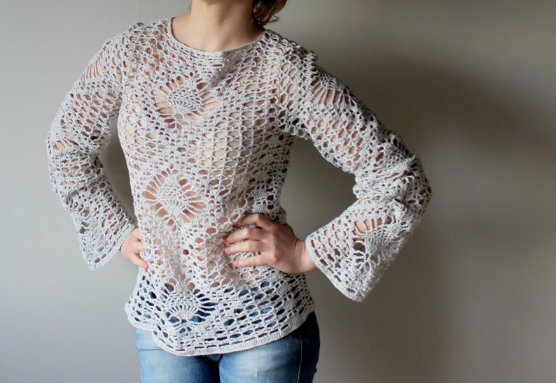 Crochet blouse jumper for women Lace blouse top in grey | Etsy