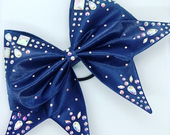 Satin Sewn Cheer bow with AB Crystals and Jewels in your color choice