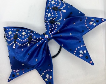Sewn Satin Cheer bow available in many colors with Black Jewels and AB rhinestone accents