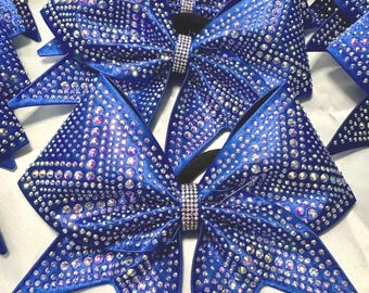 Sewn satin cheer bow with AB crystal rhinestones in your color choice