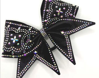 Satin Sewn Cheer bow with AB rhinestone shape accents in your color choice