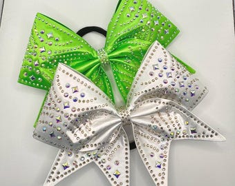 Satin Sewn Cheer bow with rhinestone shape accents in your color choice