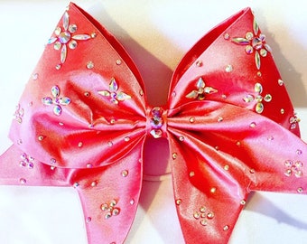 Coral Handsewn cheer bow with AB Crystal jewel design
