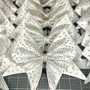 Satin Sewn Cheer bow with AB Crystals center burst pattern in your color choice