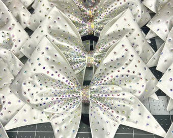 Satin Sewn Cheer bow with AB Crystals center burst pattern in your color choice